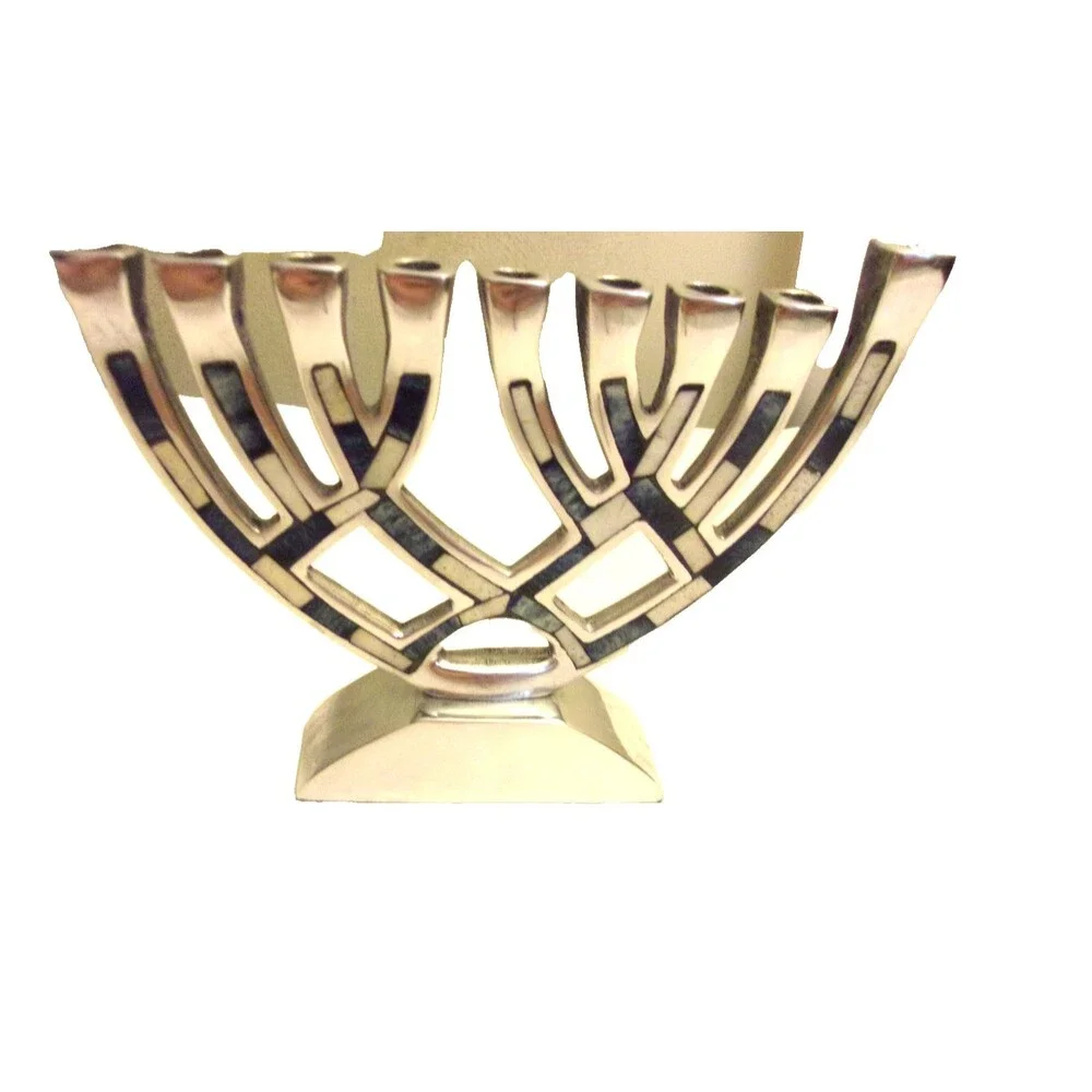 Menorah Silver Blue White Enamel Inlays + Ceamic Decoration Hanukkah Chanukah